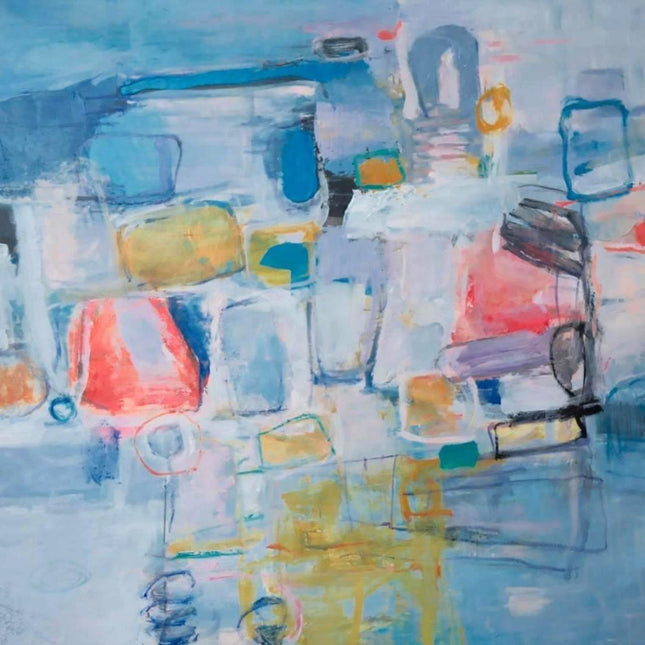 "Contemporary Abstract Oil Painting - Bold Blue & Red Color Splash with Geometric Accents | Handmade Canvas Wall Art"