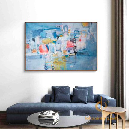 "Contemporary Abstract Oil Painting - Bold Blue & Red Color Splash with Geometric Accents | Handmade Canvas Wall Art"