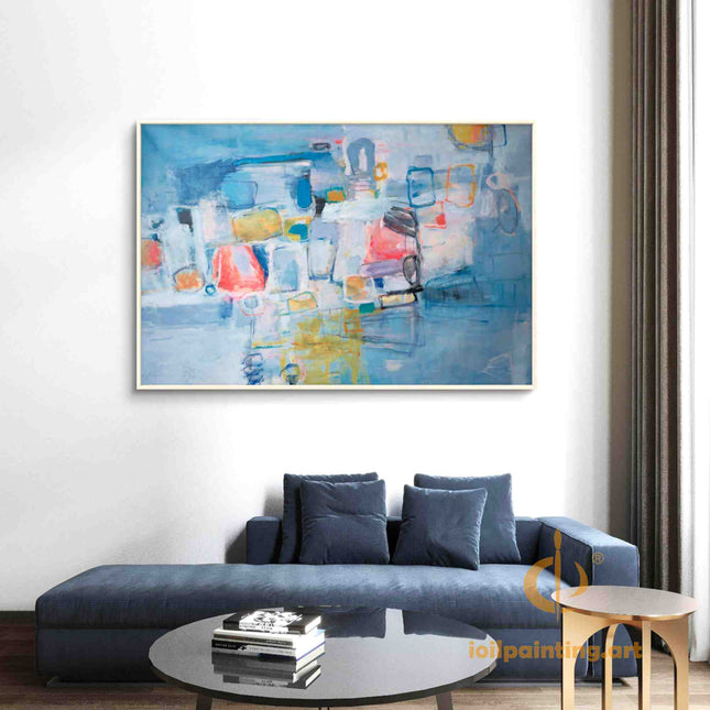 "Contemporary Abstract Oil Painting - Bold Blue & Red Color Splash with Geometric Accents | Handmade Canvas Wall Art"