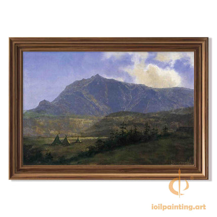 "Albert Bierstadt's 'Mountain Wilderness with Native Encampment' - Hand-Painted Landscape Oil Painting Reproduction"