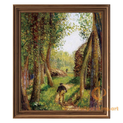 "Camille Pissarro's 'Solitary Stroll Through Sunlit Woods' - Hand-Painted Impressionist Oil Painting Reproduction"