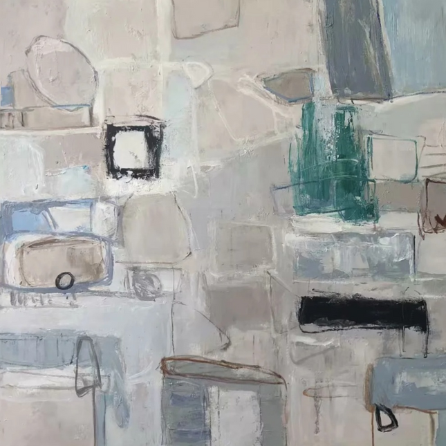 "Modern Geometric Abstract Oil Painting - Contemporary Blue & Gray Wall Art for Home & Office Decor"
