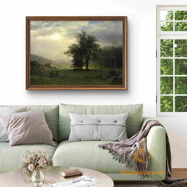 "Albert BIerstadt's 'Deer in the Meadow' - Hand-Painted Landscape Oil Painting Reproduction"