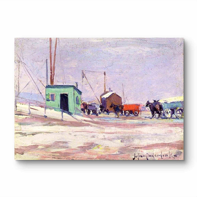 "Julian Onderdonk's 'Winter Serenade: Snow-Covered Village with Horse-Drawn Carriage' - Premium Hand-Painted Oil Reproduction on Canvas"
