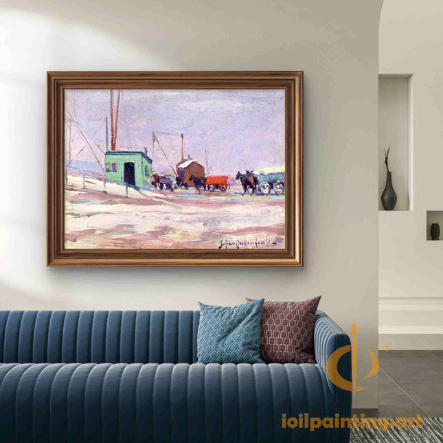 "Julian Onderdonk's 'Winter Serenade: Snow-Covered Village with Horse-Drawn Carriage' - Premium Hand-Painted Oil Reproduction on Canvas"