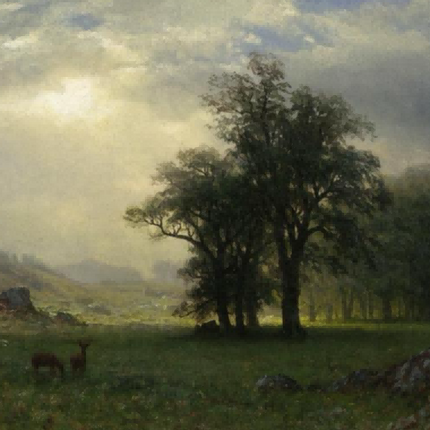 "Albert BIerstadt's 'Deer in the Meadow' - Hand-Painted Landscape Oil Painting Reproduction"