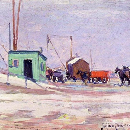"Julian Onderdonk's 'Winter Serenade: Snow-Covered Village with Horse-Drawn Carriage' - Premium Hand-Painted Oil Reproduction on Canvas"