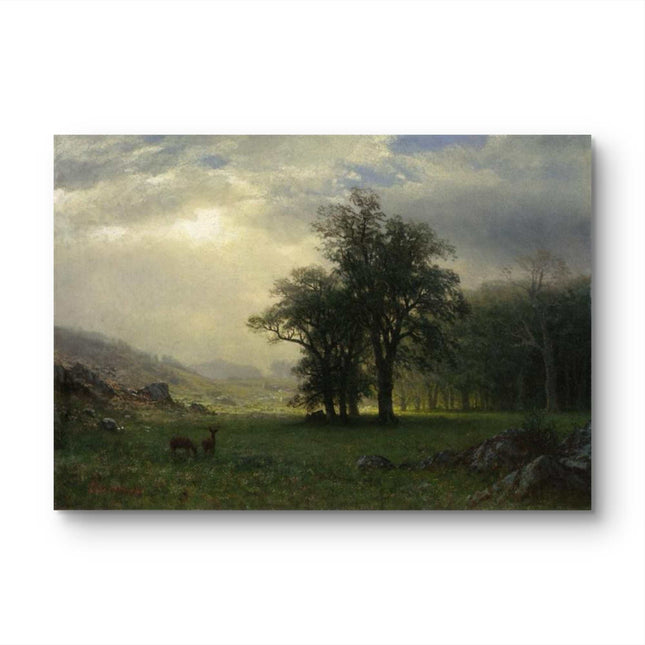 "Albert BIerstadt's 'Deer in the Meadow' - Hand-Painted Landscape Oil Painting Reproduction"