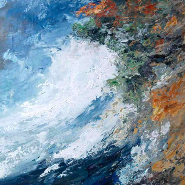 "Oceanic Abstract Oil Painting - Dynamic Blue Waves with Vibrant Orange Accents | Handmade Textured Canvas Art"