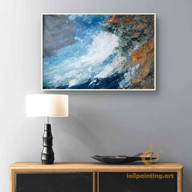 "Oceanic Abstract Oil Painting - Dynamic Blue Waves with Vibrant Orange Accents | Handmade Textured Canvas Art"