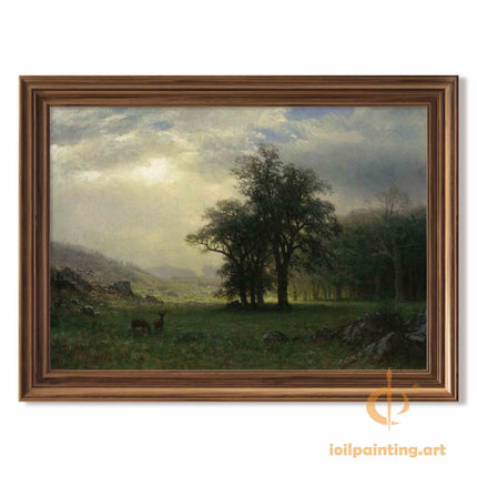 "Albert BIerstadt's 'Deer in the Meadow' - Hand-Painted Landscape Oil Painting Reproduction"