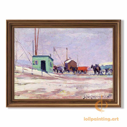 "Julian Onderdonk's 'Winter Serenade: Snow-Covered Village with Horse-Drawn Carriage' - Premium Hand-Painted Oil Reproduction on Canvas"