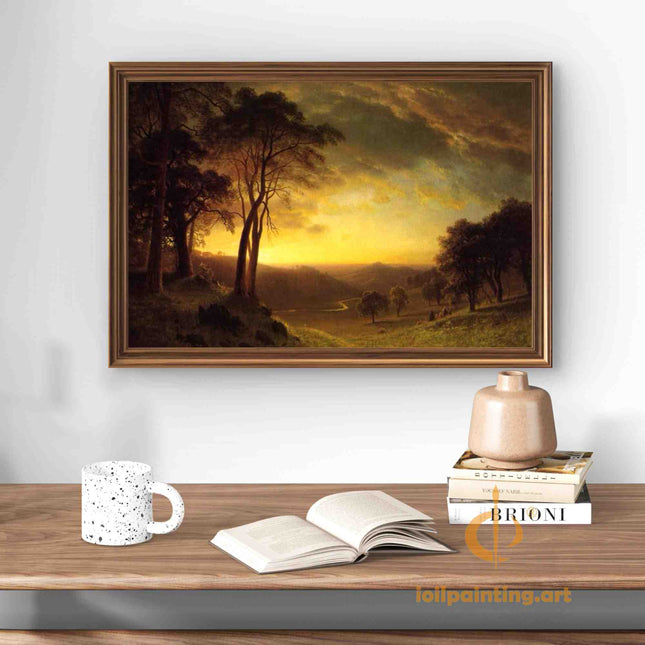 "Albert BIerstadt's 'Golden Hour Pastoral' - Hand-Painted Landscape Oil Painting Reproduction"
