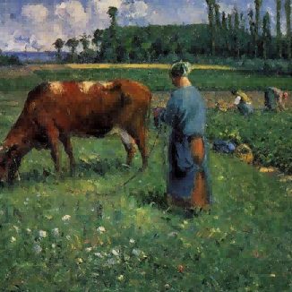 "Camille Pissarro's 'Peasant Woman with Grazing Cow' - Hand-Painted Impressionist Oil Painting Reproduction"