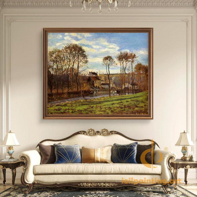 "Camille Pissarro's 'Country Lane with Horse-Drawn Carriage' - Hand-Painted Impressionist Oil Painting Reproduction"