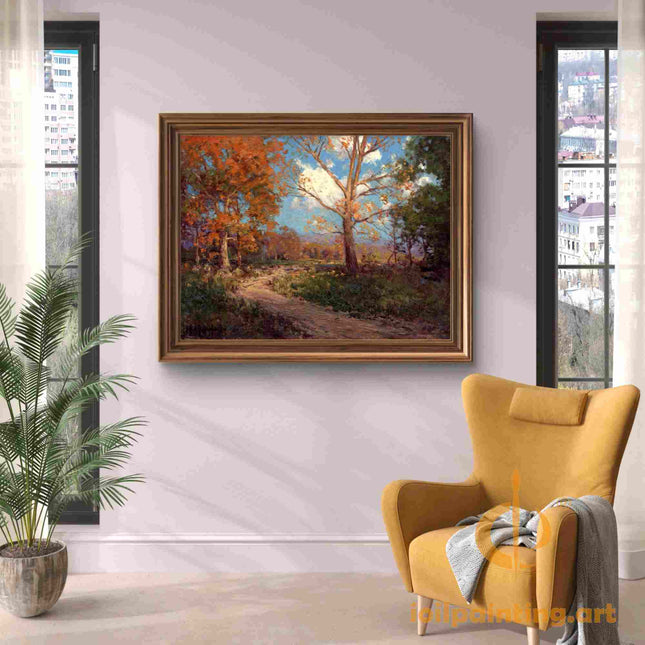 "Julian Onderdonk's 'Autumn Serenity: Country Lane with Golden Oaks' Oil Painting Reproduction on Canvas"