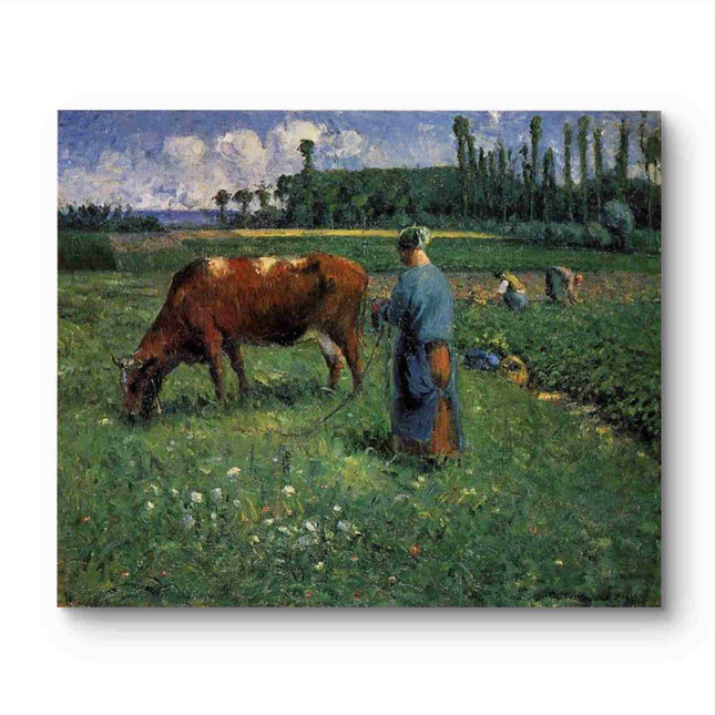 "Camille Pissarro's 'Peasant Woman with Grazing Cow' - Hand-Painted Impressionist Oil Painting Reproduction"