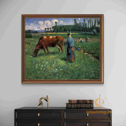 "Camille Pissarro's 'Peasant Woman with Grazing Cow' - Hand-Painted Impressionist Oil Painting Reproduction"