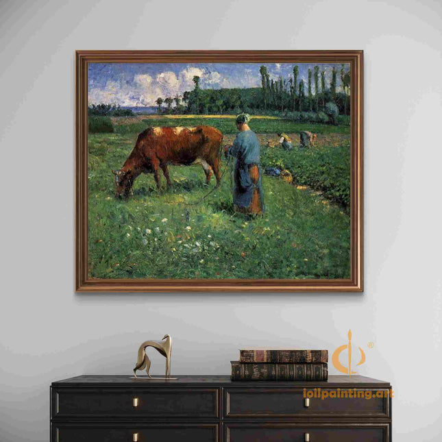 "Camille Pissarro's 'Peasant Woman with Grazing Cow' - Hand-Painted Impressionist Oil Painting Reproduction"