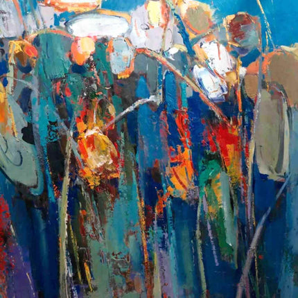 "Abstract Floral Oil Painting - Vibrant Blue Background with Colorful Blooms | Handmade Contemporary Wall Art"