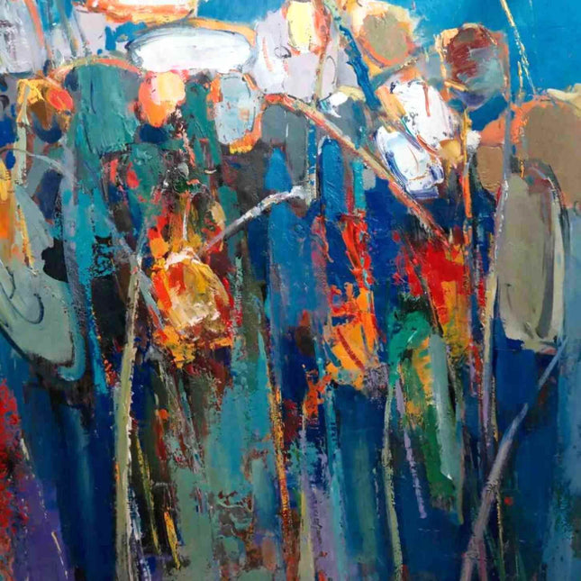 "Abstract Floral Oil Painting - Vibrant Blue Background with Colorful Blooms | Handmade Contemporary Wall Art"