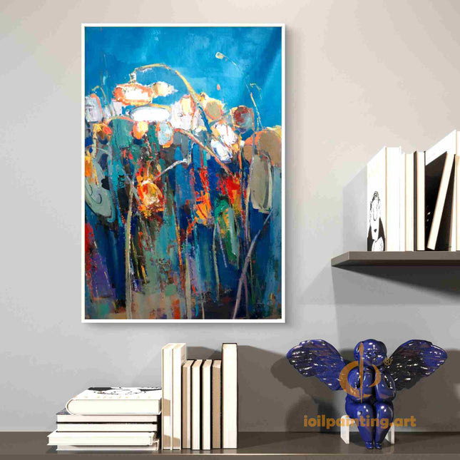 "Abstract Floral Oil Painting - Vibrant Blue Background with Colorful Blooms | Handmade Contemporary Wall Art"