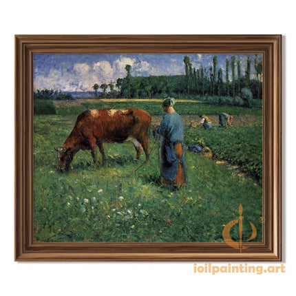 "Camille Pissarro's 'Peasant Woman with Grazing Cow' - Hand-Painted Impressionist Oil Painting Reproduction"