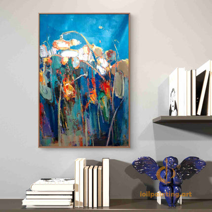 "Abstract Floral Oil Painting - Vibrant Blue Background with Colorful Blooms | Handmade Contemporary Wall Art"