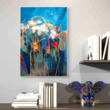 "Abstract Floral Oil Painting - Vibrant Blue Background with Colorful Blooms | Handmade Contemporary Wall Art"