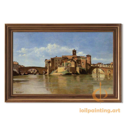 "Camille Corot's 'Riverside Village with Stone Bridge' - Hand-Painted Oil Painting Reproduction"