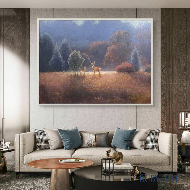 Enchanted Stag and Fawn Oil Painting - Golden Hour Wildlife Art - Serene Forest Meadow Canvas for Rustic Decor