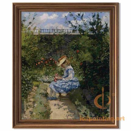 "Camille Pissarro's 'Girl with Flowers in Garden' - Hand-Painted Impressionist Oil Painting Reproduction"