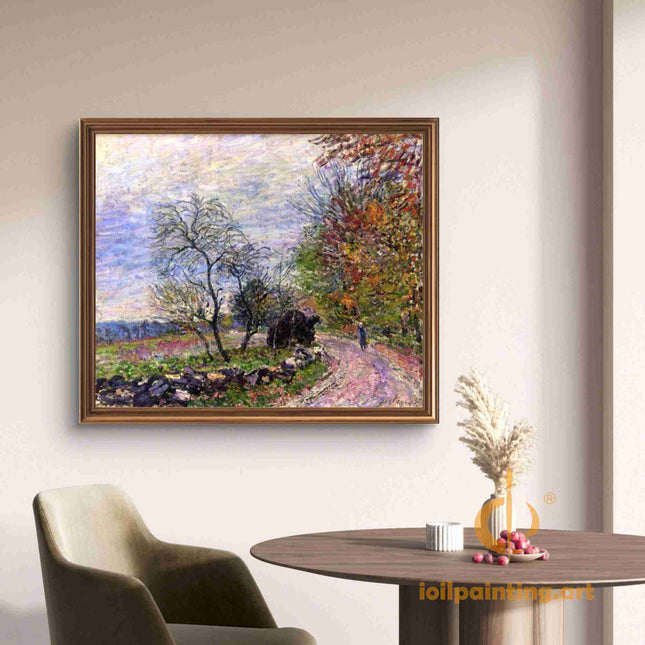 "Alfred Sisley's 'Autumn Country Path' - Hand-Painted Impressionist Oil Painting Reproduction"