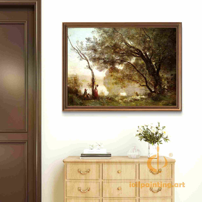 "Camille Corot's 'Serene Landscape with Figures Under Majestic Trees' - Hand-Painted Oil Painting Reproduction"