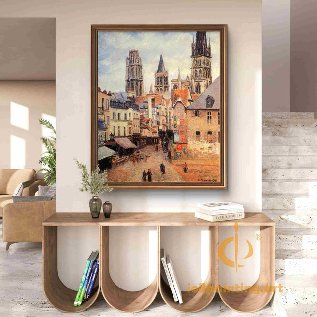 "Camille Pissarro's 'Vibrant Town Square with Church Tower' - Hand-Painted Impressionist Oil Painting Reproduction"