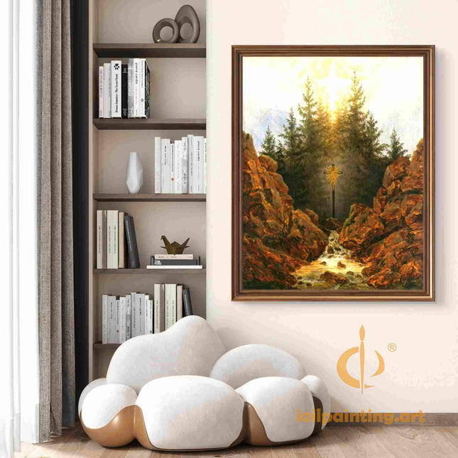 "Caspar David Friedrich's 'Sacred Cross in Wilderness' - Hand-Painted Romantic Oil Painting Reproduction"