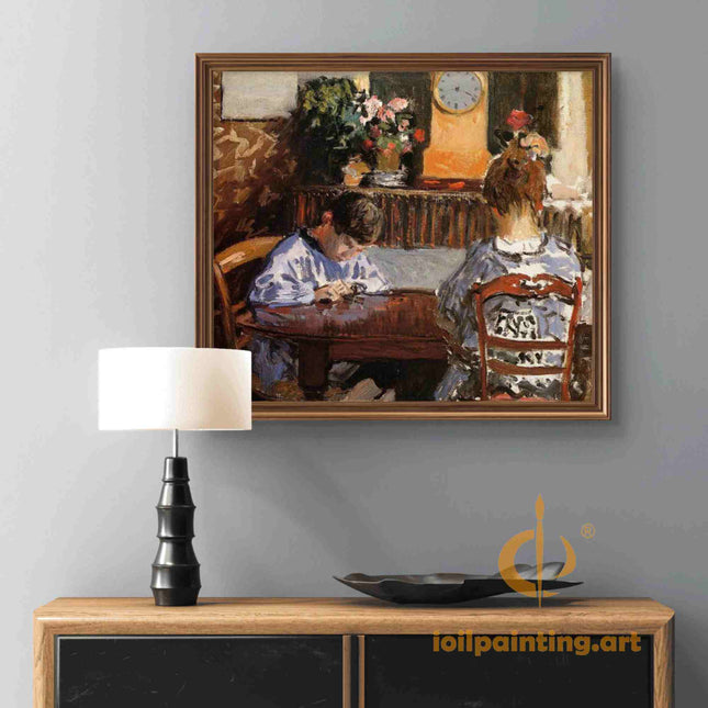 "Camille Pissarro's 'Quiet Family Moment' - Hand-Painted Impressionist Oil Painting Reproduction"