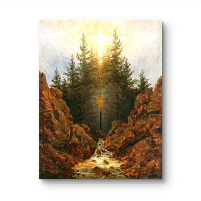 "Caspar David Friedrich's 'Sacred Cross in Wilderness' - Hand-Painted Romantic Oil Painting Reproduction"