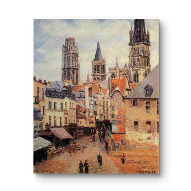 "Camille Pissarro's 'Vibrant Town Square with Church Tower' - Hand-Painted Impressionist Oil Painting Reproduction"