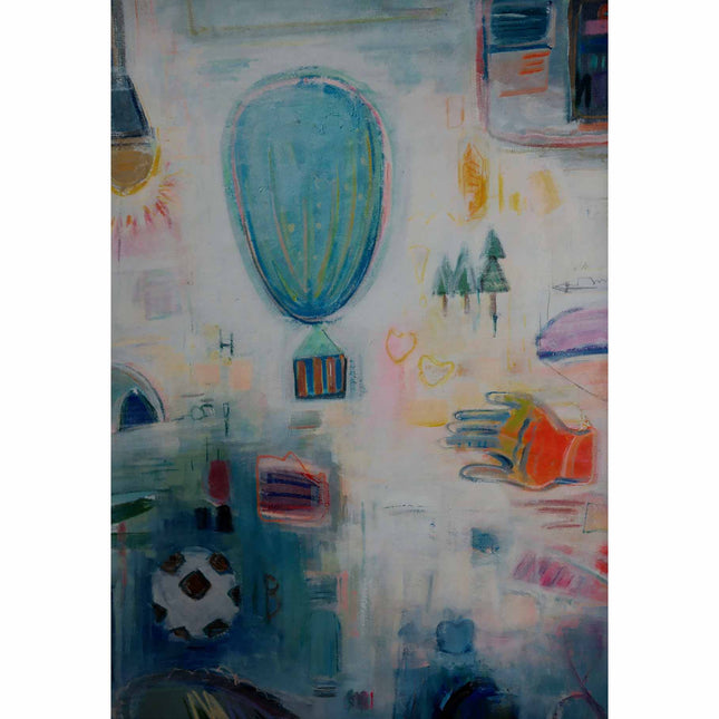 "Whimsical Abstract Oil Painting - Blue Hot Air Balloon & Playful Elements - Unique Wall Art Decor"
