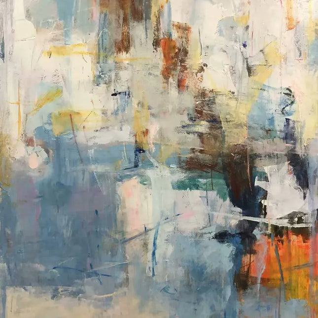 "Blue & White Abstract Oil Painting - Modern Textured Artwork with Warm Accents for Contemporary Home Decor"