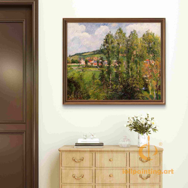 "Camille Pissarro's 'Village Through the Trees' - Hand-Painted Impressionist Oil Painting Reproduction"