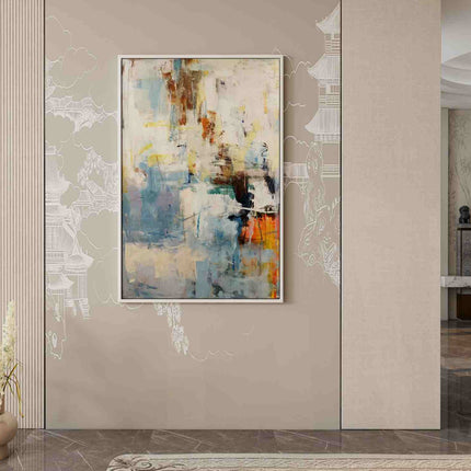 "Blue & White Abstract Oil Painting - Modern Textured Artwork with Warm Accents for Contemporary Home Decor"