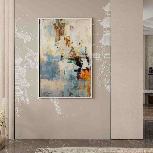 "Blue & White Abstract Oil Painting - Modern Textured Artwork with Warm Accents for Contemporary Home Decor"