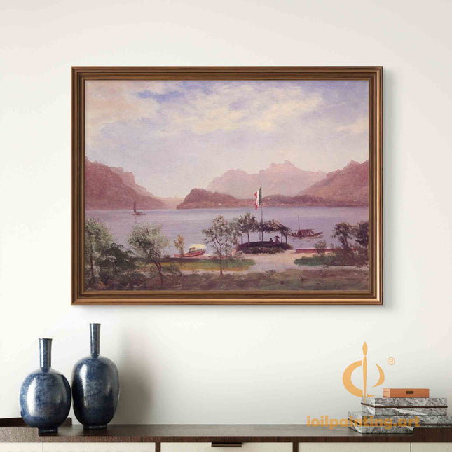"Albert BIerstadt's 'Italian Lakeside Serenity' - Hand-Painted Impressionist Oil Painting Reproduction"