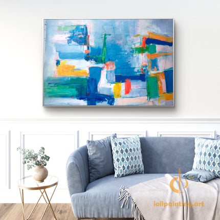 "Modern Abstract Oil Painting - Bold Color Explosion in Blue, Yellow & Red | Handmade Contemporary Wall Art"