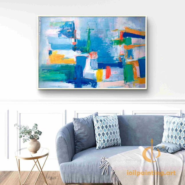 "Modern Abstract Oil Painting - Bold Color Explosion in Blue, Yellow & Red | Handmade Contemporary Wall Art"
