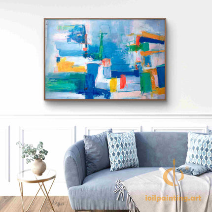 "Modern Abstract Oil Painting - Bold Color Explosion in Blue, Yellow & Red | Handmade Contemporary Wall Art"