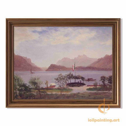 "Albert BIerstadt's 'Italian Lakeside Serenity' - Hand-Painted Impressionist Oil Painting Reproduction"