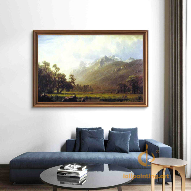"Albert Bierstadt's 'Alpine Serenity' - Hand-Painted Mountain Landscape Oil Painting Reproduction"